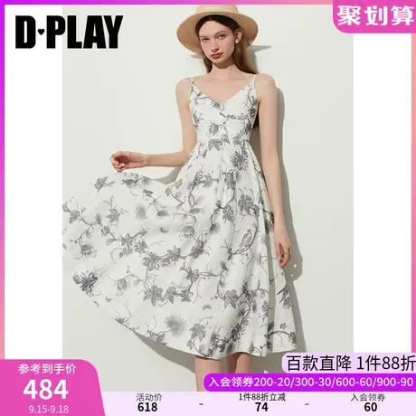 DPLAY黑标2023夏度假灰调藤蔓花卉V领吊带收腰抽褶大摆印花连衣裙图片