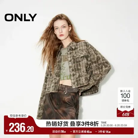 ONLY奥莱夏季时尚潮流复古翻领格纹短款衬衫女图片