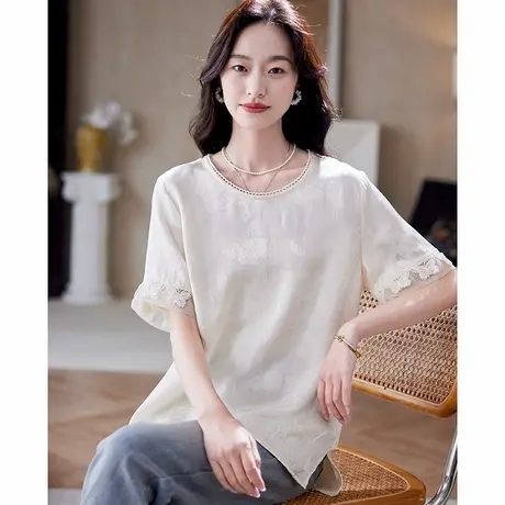 宝诗黎圆领提花短袖雪纺衫2025夏季时尚气质简约新中式百搭女装商品大图