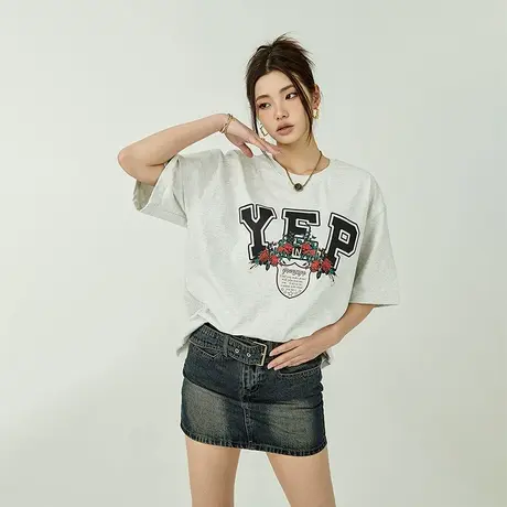 美式复古字母印花短袖t恤女夏季2025新款宽松简约情侣装半袖上衣商品大图