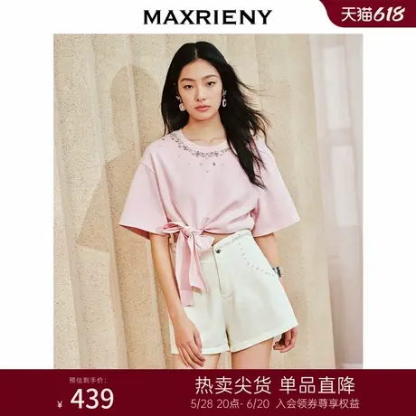 MAXRIENY精致休闲感蝴蝶结绑带t恤修身显瘦上衣女商品大图