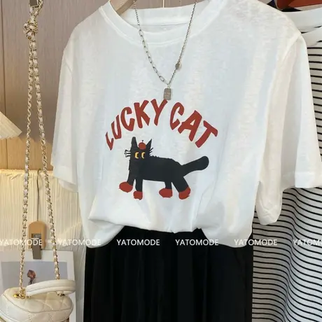 夏季超薄雪花棉透气圆领T恤2025猫咪印花字母宽松百搭短袖上衣女%图片