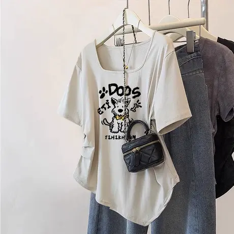 超火cec国潮设计感超好看U领短袖T恤女宽松chic半袖别致上衣ins潮商品大图