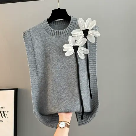 针织马甲背心女秋装2025新款宽松显瘦设计感花朵无袖百搭毛衣坎肩商品大图