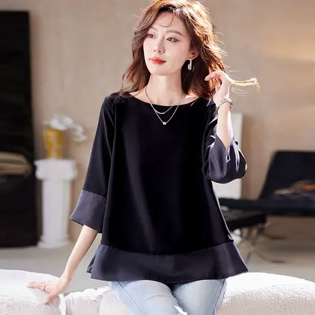 宝诗黎圆领七分袖黑色雪纺衫女2025夏季气质简约宽松休闲百搭小衫商品大图