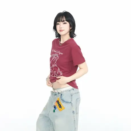 2025夏季新款短款修身正肩印花短袖T恤女美式ins街头风半袖上衣潮图片