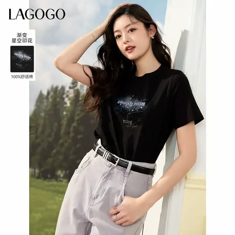 LAGOGO珠光质感星空印花T恤女拉谷谷2025年夏季新款独特纯棉黑色t图片