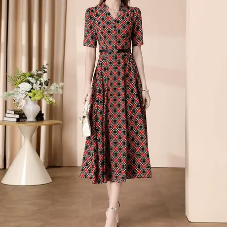 首尚格释2025夏季新品收腰显瘦气质优雅V领轻熟风雪纺印花连衣裙商品大图