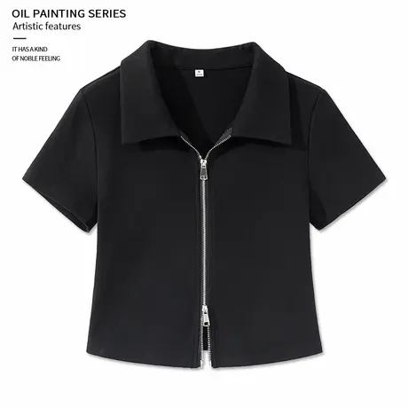 KWV真维斯正肩黑色短袖t恤女夏2025新款拉链设计感短款上衣女夏商品大图