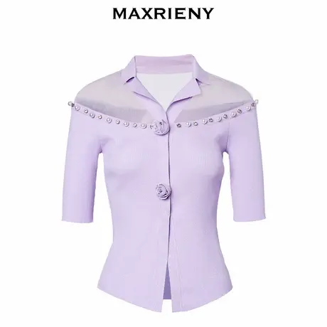 【奥莱】MAXRIENY淡紫欧根纱拼接v领套头针织衫上衣商品大图
