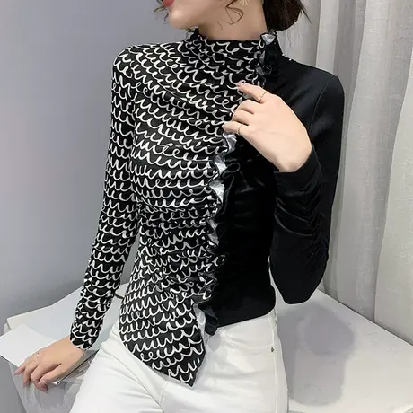 欧货木耳边T恤女长袖2024春秋新款设计感不规则拼色T恤洋气打底衫商品大图