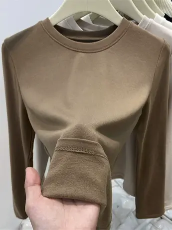 圆领加绒打底衫女秋冬2023新款磨毛保暖内搭加厚上衣白色长袖t恤商品大图