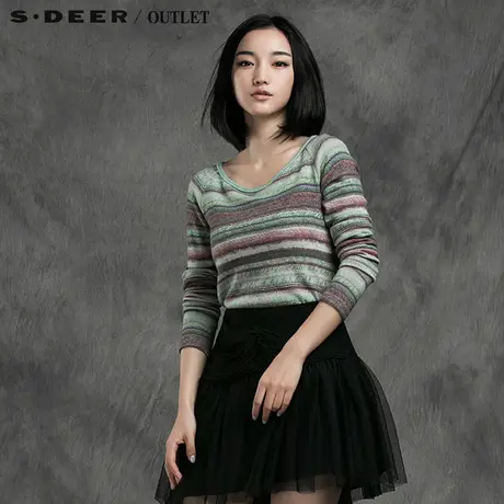 s.deer【新品】圣迪奥专柜正品女装撞色条纹印花针织衫图片