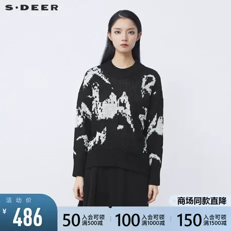 sdeer圣迪奥2021冬装新品罗纹圆领撞色针织宽松长袖毛衣S21483517图片