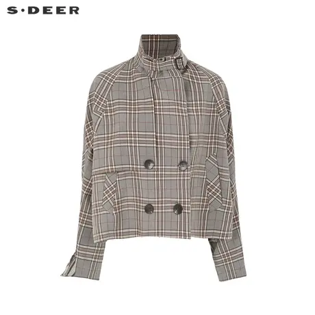 sdeer圣迪奥女22春夏新品时尚立领撞色格纹休闲短款外套S221Z2208图片