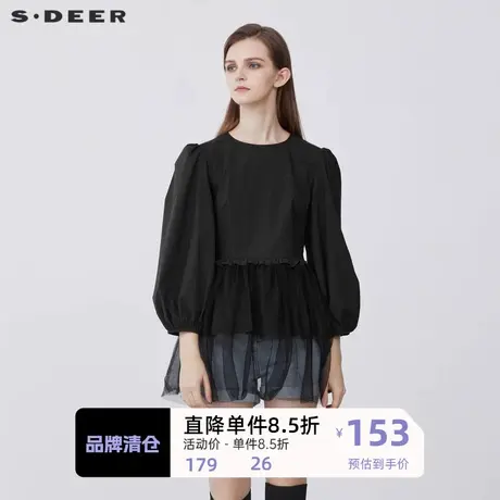 sdeer圣迪奥女装复古圆领木耳边网纱拼接七分袖衬衫S21360533图片