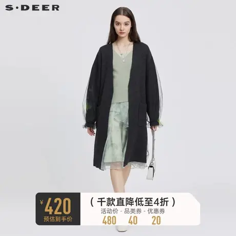 sdeer圣迪奥女装设计感网纱拼接印花长款开衫针织衫外套S224Z3533图片