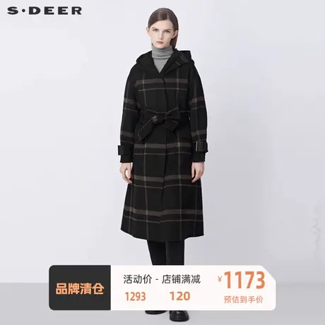 sdeer圣迪奥女装连帽格纹开襟马甲两件毛呢大衣S21481834图片