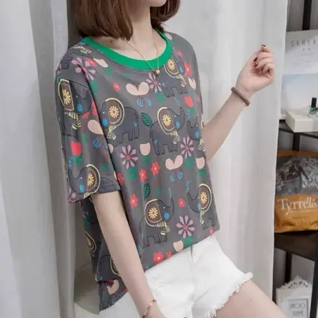 短袖t恤女夏季卡通宽松韩版潮2022年新款绿色半袖ins上衣体恤图片