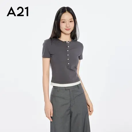 A21女装半开圆领短袖T恤撞色假两件显瘦上衣简约百搭图片