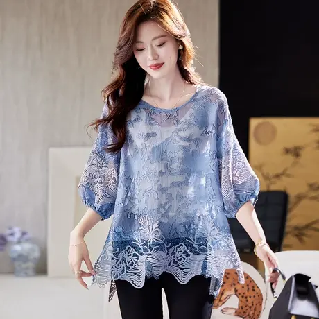 宝诗黎蕾丝拼接提花雪纺衫2025夏季洋气休闲百搭宽松气质镂空小衫商品大图