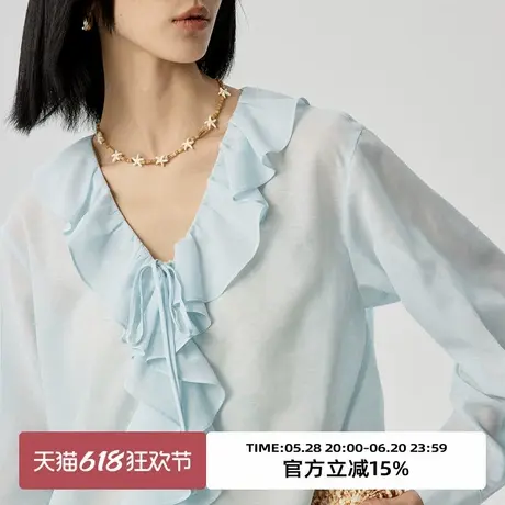 omont蛋挞家轻薄亚麻物理防晒长袖衬衫夏季复古荷叶边领衬衣上衣商品大图
