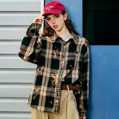 a02【100%棉】双面色织拼接格纹设计女式衬衫2025春季长袖商品大图