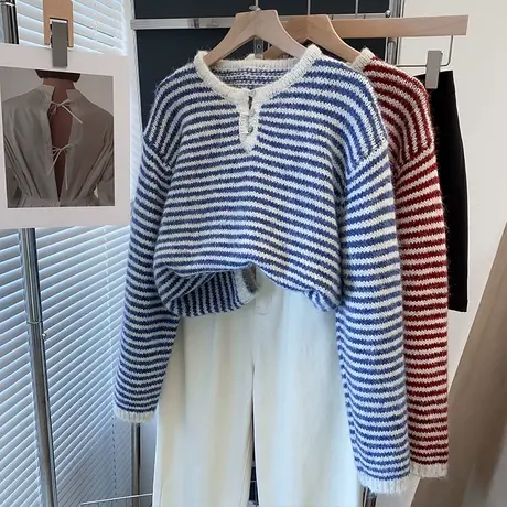 条纹开襟毛衣女套头2025春秋冬新款宽松慵懒风外穿针织衫内搭上衣商品大图