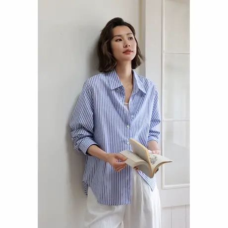 弥古蓝色条纹防晒衬衫女薄外套2025新款夏季外搭上衣长袖法式衬衣商品大图