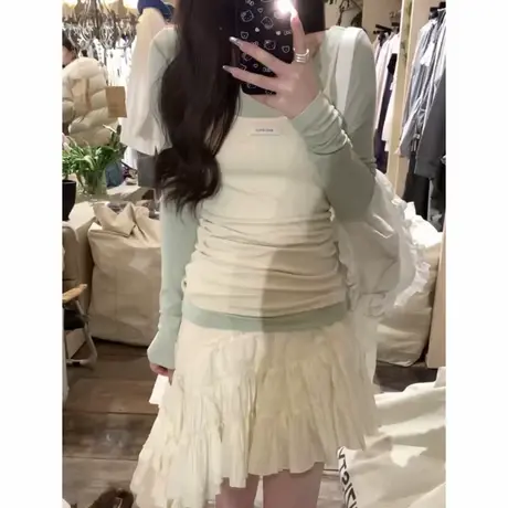 韩国2025春夏季女甜美撞色背心打底长袖T恤真两件套装防晒上衣服商品大图