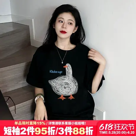 ulzzang小众涂鸦风黑色正肩t恤女短袖宽松减龄纯棉重磅半袖上衣夏商品大图