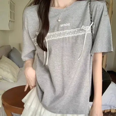 蝴蝶结蕾丝花边拼接短袖T恤女夏季宽松韩版内搭打底衫纯棉上衣潮商品大图
