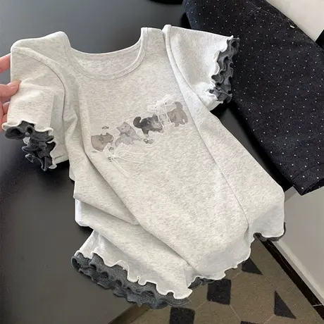 木耳花边设计感小众短袖T恤女夏季修身韩版卡通印花纯棉半袖上衣商品大图