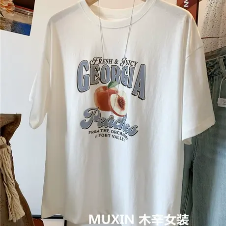 桃子水果印花凉感雪花棉薄款宽松休闲时尚青春女式夏季短袖T恤衫商品大图