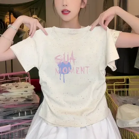 彩虹波点高腰褶皱收腰短袖短款t恤女夏季新款甜美风洋气减龄上衣商品大图