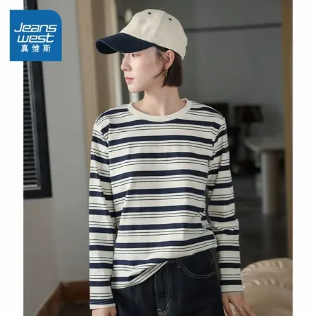 XB真维斯女装针织上衣2025夏季新款 日系黑白条纹宽松短袖T恤女商品大图