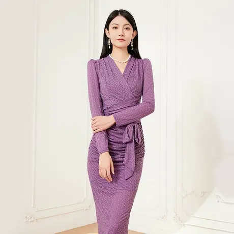 希区瑞普优雅v领亮钻内搭气质法式连衣裙春秋中长款长袖收腰包臀商品大图