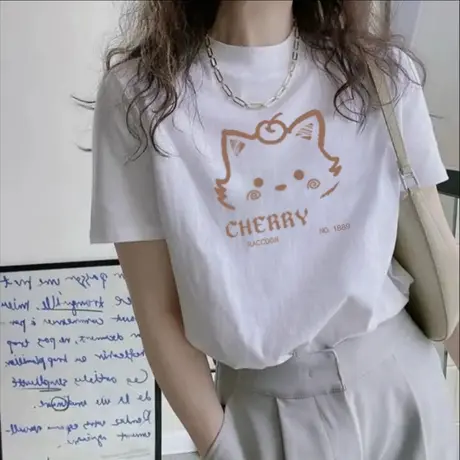 欧洲站白色夏季新款半高领短袖t恤女装卡通图案宽松高级感上衣服商品大图