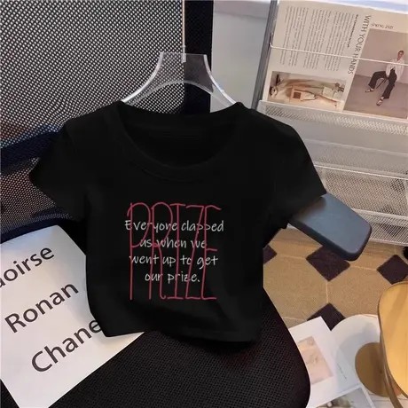 美式复古黑色夏季正肩短袖t恤女2025新款趣味字母印花修身上衣潮商品大图