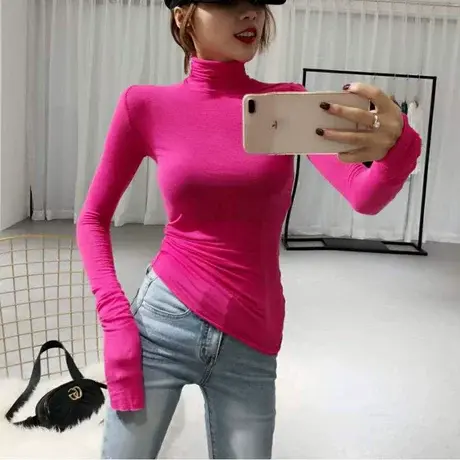 2022新款韩版秋冬高领打底衫女长袖纯色百搭紧身T恤修身显瘦上衣图片