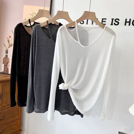 单露肩V领针织T恤女春夏季薄款设计感长袖宽松遮肉休闲防晒衫上衣商品大图