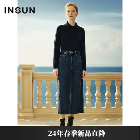 INSUN恩裳专选春季时尚翻领半门襟羊毛针织衫商品大图