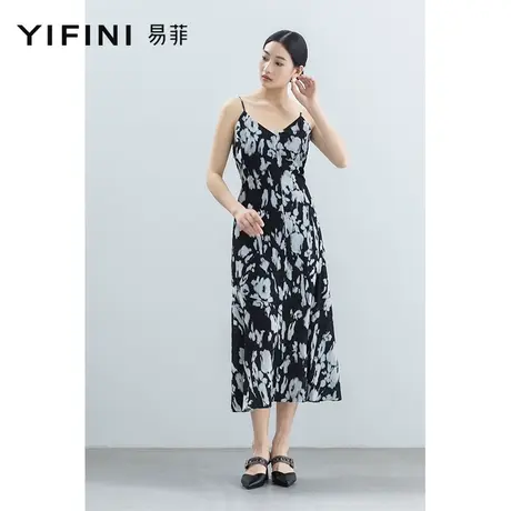 Yifini/易菲黑白印花休闲风吊带连衣裙女2023夏季新款中长款裙子图片