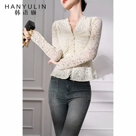 韩语琳 蕾丝长袖衬衫2025新款女轻奢高级感打底衫短款修身v领上衣商品大图