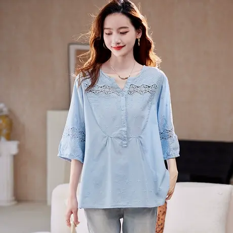 宝诗黎V领刺绣镂空衬衫2025夏季韩系时尚百搭气质显瘦减龄衬衣女商品大图