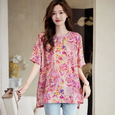 宝诗黎圆领印花宽松短袖T恤2025夏季洋气时尚百搭气质新中式上衣图片