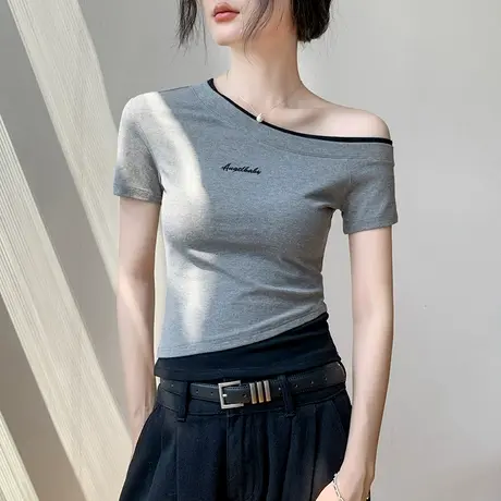 斜领字母印花拼色短袖T恤女2025夏季时尚修身显瘦高级漂亮上衣女商品大图