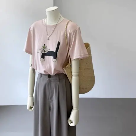 韩系粉色小猫印花正肩雪花棉短袖t恤女夏宽松慵懒风半袖休闲上衣商品大图