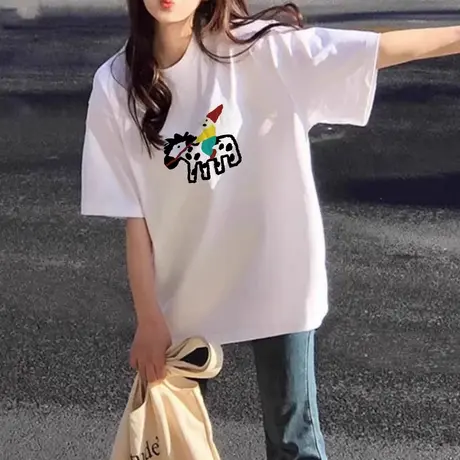 超火cec欧货半袖女t恤宽松慵懒风夏季白色胖mm上衣ins潮短袖体恤商品大图