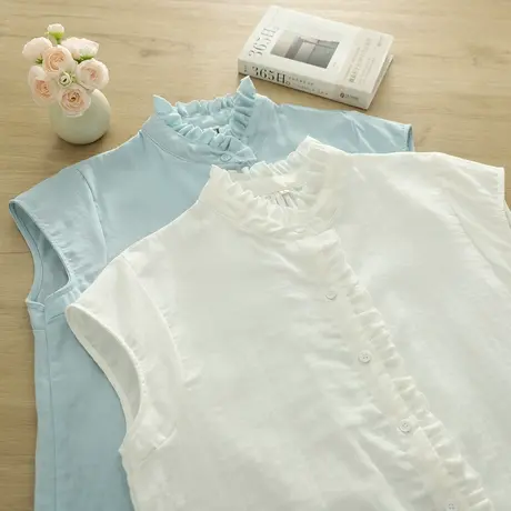 夏季文艺双层棉纱百搭木耳花边立领无袖衬衫女士纯棉短袖衬衣上衣商品大图